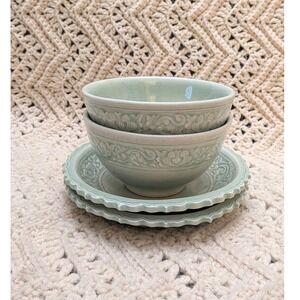Siam Celadon Thai Hand Made Pale Green Crackle Glaze Bowl and Plate Set of 4